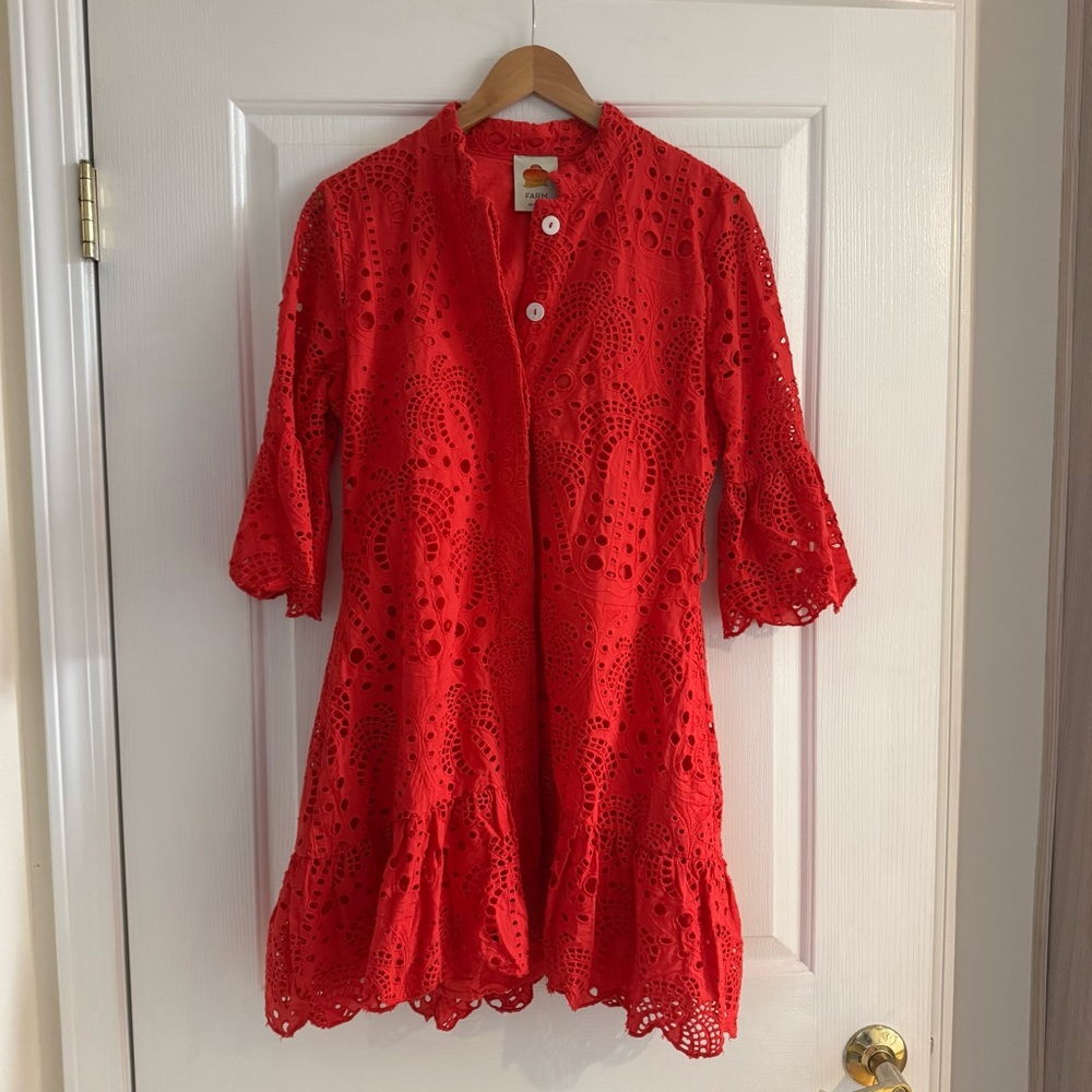 FARM Rio Red Palm Mini Eyelet Lace Shirtdress Dress NWT Small